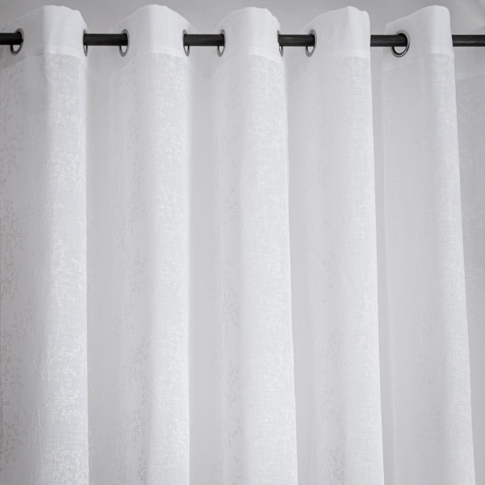 Κουρτίνα Λινή Ημιδιάφανη Λευκή Με Λευκά Άνθη Με Κρίκο Υ270xΦ280cm A710-12