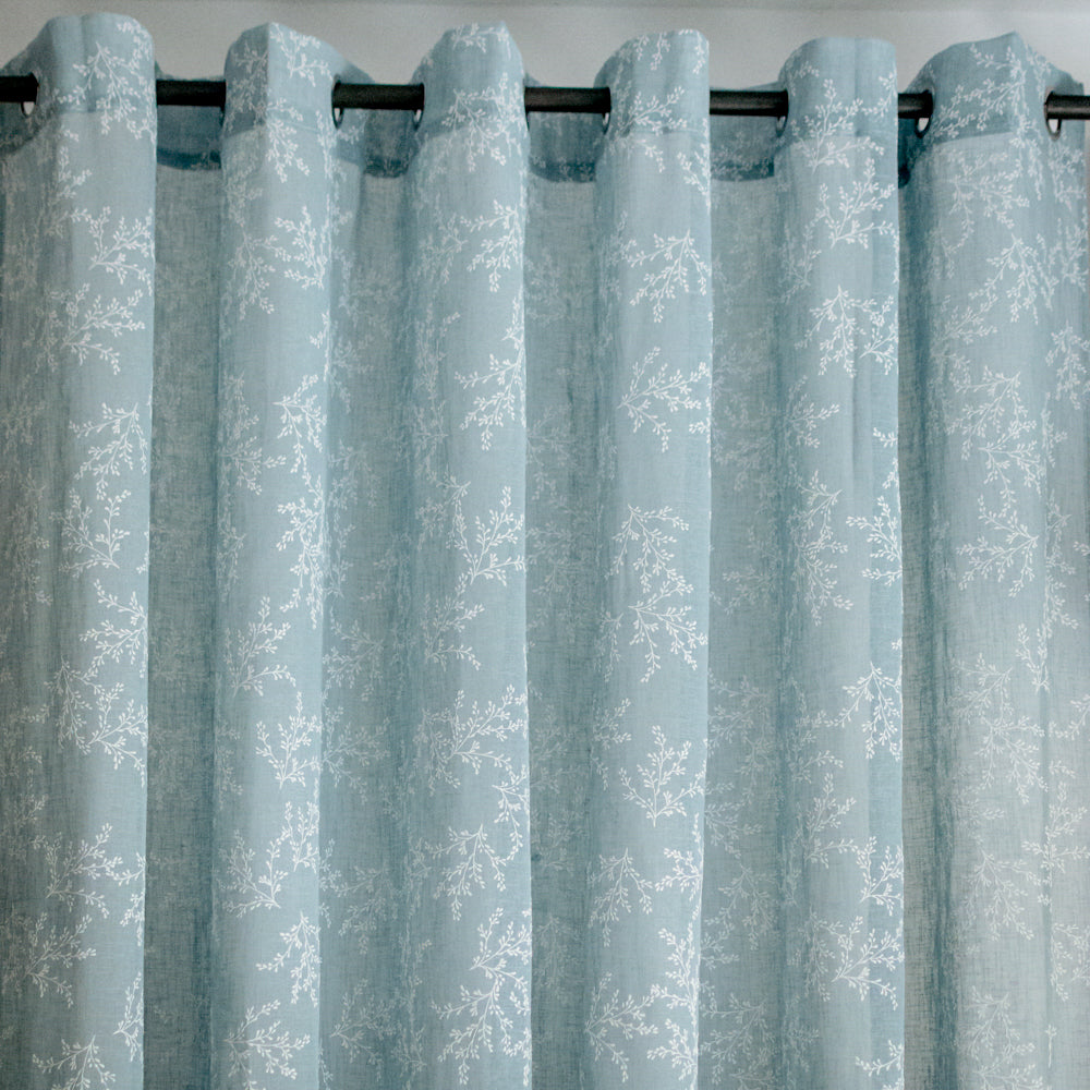 Κουρτίνα Λινή Ημιδιάφανη Πετρόλ Με Λευκά Άνθη Με Κρίκο Υ270xΦ280cm A710-7