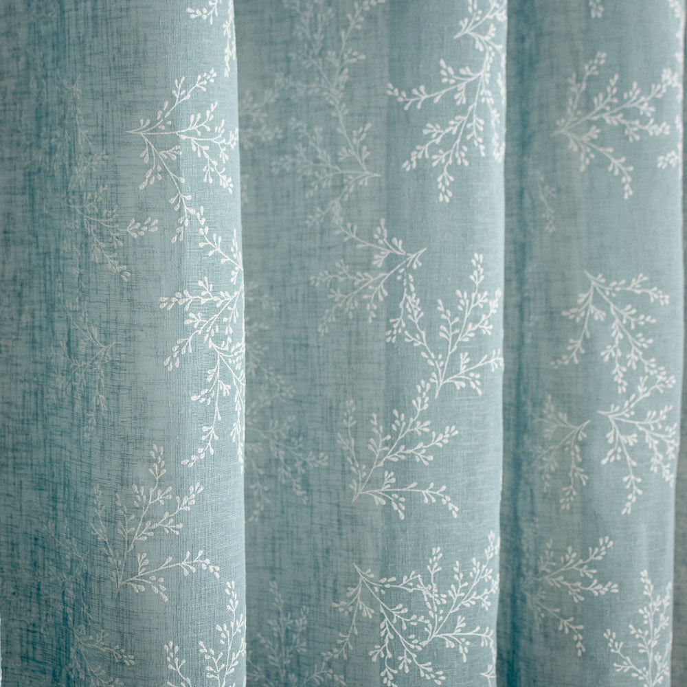 Κουρτίνα Λινή Ημιδιάφανη Πετρόλ Με Λευκά Άνθη Με Κρίκο Υ270xΦ280cm A710-7